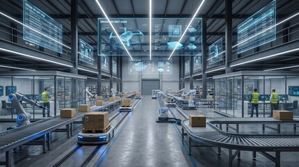 Fototapeta premium Autonomous Mobile Robots Transporting Cardboard Boxes in Smart Warehouse Logistics Center