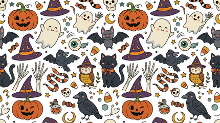 Fototapeta premium Cute Halloween Pumpkin Ghost Raven Witch Hat Seamless Pattern Background Collection Design