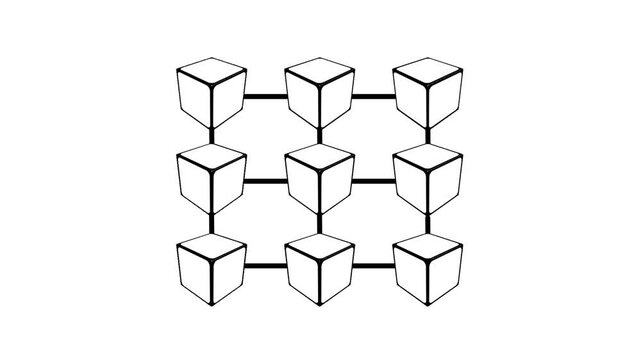 Minimal line icon of connected cube blocks arranged in a grid representing blockchain technology network for professional creative use today for design