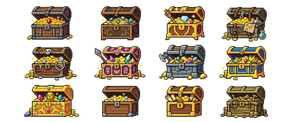 Pixel Art Treasure Chests Filled with Gold and Gems © mumun
