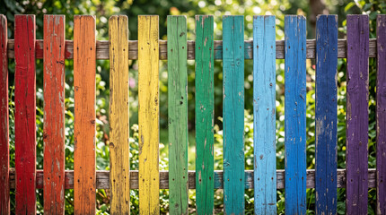 Obraz premium Colorful Weathered Wooden Fence Background Featuring Vibrant Rainbow Hues