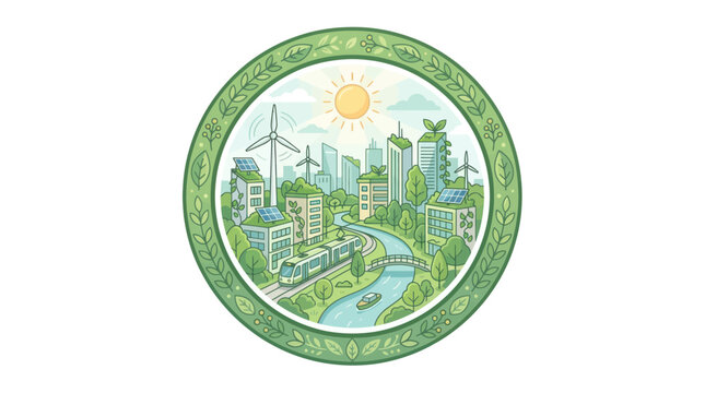 Eco Cityscape Illustration: Sustainable Urban Living with Green Energy
