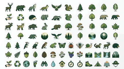 Collection of nature-themed icons representing animals, plants, and environmental elements. © Eza