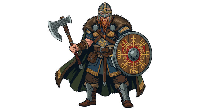 A fierce Viking warrior with axe and shield stands ready for battle