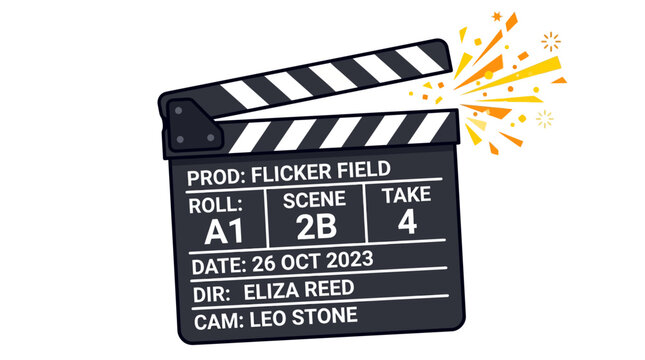 Movie clapper board with colorful sparks.
