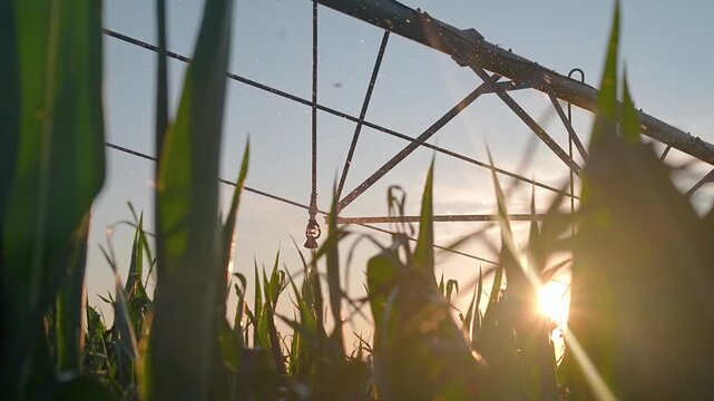 Pivot irrigation system sprays water over corn field during golden sunset. Sprinkler irrigates corn crops with drops. Agriculture pivot waters field. Farming equipment at sunset in cornfield.