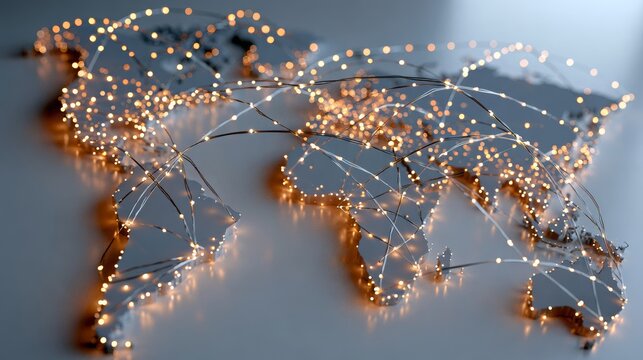 World map illuminated with glowing lines and dots representing global connectivity and communication, showcasing interconnected regions and networks across continents