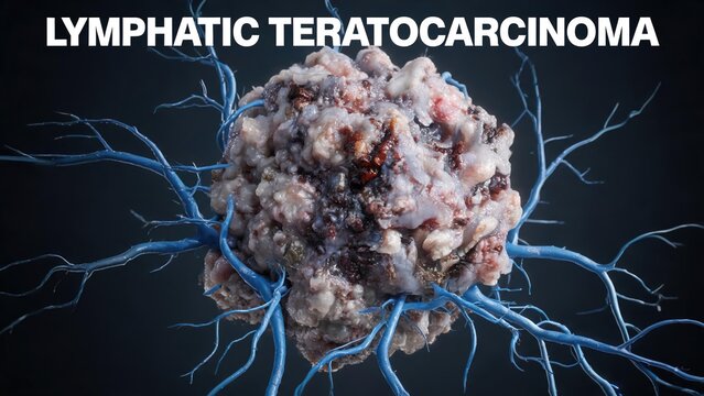 3D medical render of lymphatic teratocarcinoma malignant tumor mass with intricate blue lymphatic vessel network, heterogeneous mixed tissue neoplasm on dark clinical background, oncology pathology ed