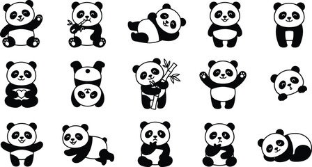Cute panda set in various playful poses with bamboo elements vector illustration © DESIGN SHOP