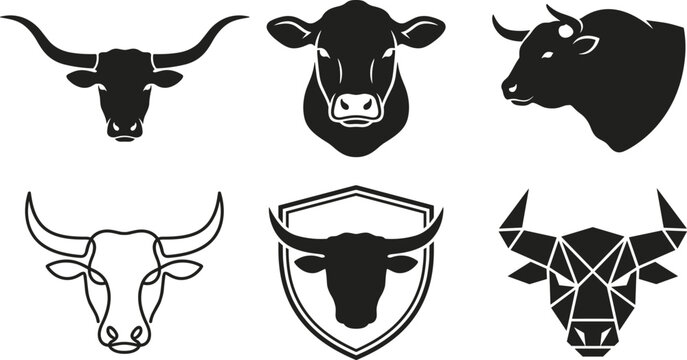 Bull and Cow Head Vector Silhouette Icon Set with Longhorn Steer Texas Badge Geometric Low Poly and Continuous Line Art