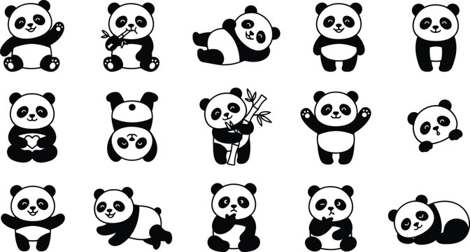 Cute panda set in various playful poses with bamboo elements vector illustration