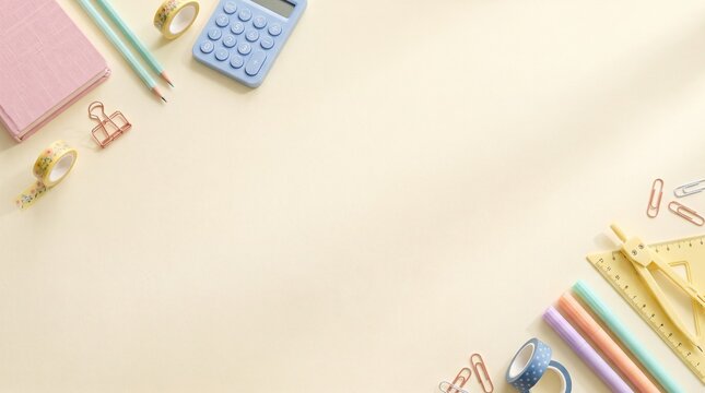 Top-down view of stationery items including a pink notebook, blue calculator, pens, binder clips, and rulers arranged on a clean beige background with copy space in the center
