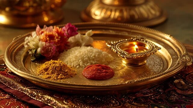 Lit Oil Lamp on Traditional Golden Puja Plate with Flowers and Rice