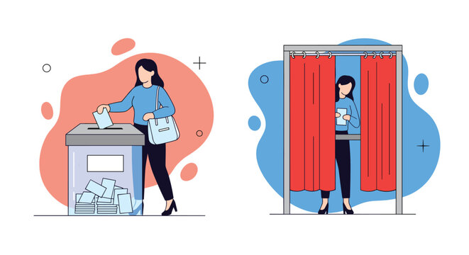 Civic participation concept showing a woman casting her ballot at a polling station and another person in a private voting booth.
