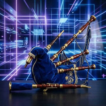 Traditional Spanish Gaita Bagpipe: A Spanish Celtic Gaita bagpipe made of dark cherry wood, polished brass rings, and a royal blue velvet bag lining, full instrument layout, 