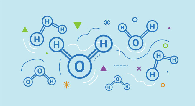 Scientific illustration of water molecules showing hydrogen and oxygen atoms connected by chemical bonds on a blue background.