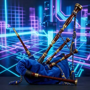 Traditional Spanish Gaita Bagpipe: A Spanish Celtic Gaita bagpipe made of dark cherry wood, polished brass rings, and a royal blue velvet bag lining, full instrument layout, 