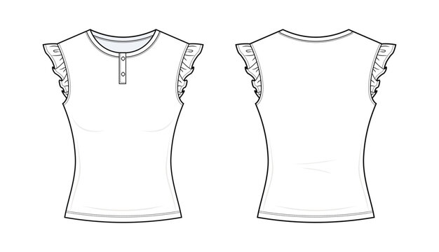 Ruffle Cap Sleeve Henley Blouse Technical Fashion Illustration. Ruffle Armhole Knit Top Vector Template. Front and Back View. Women&rsquo;s Apparel. CAD Mockup Set.