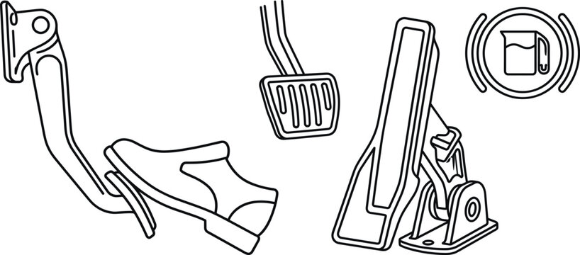 Automotive Car Pedal Set with Accelerator Brake System Foot Stepping on Pedal and Fluid Level Warning Sign Outline Icons