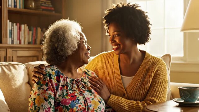 Grandmother embraces daughter on sofa while smiling together at home. Senior woman hugs daughter in living room. Family bonds with grandmother and daughter. Women smile during warm embrace at home.