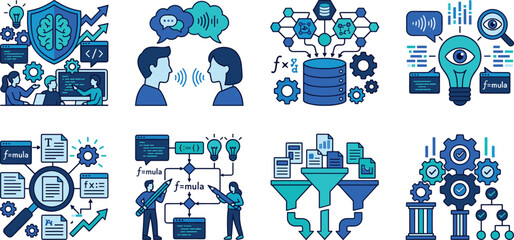 Artificial intelligence data engineering and natural language processing icon set with machine learning code framework symbols © Prohllad