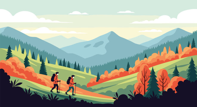 Two backpackers hike through a vibrant mountain valley with orange autumn trees under a bright cloudy sky.