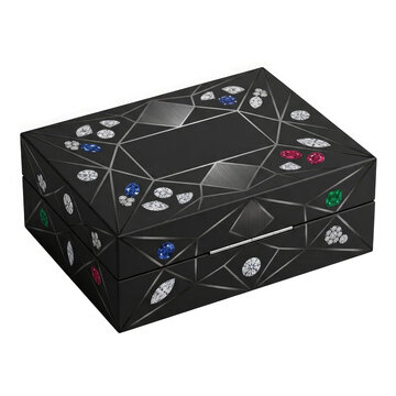 Black jewelry box with geometric pattern and small colorful decorative gems