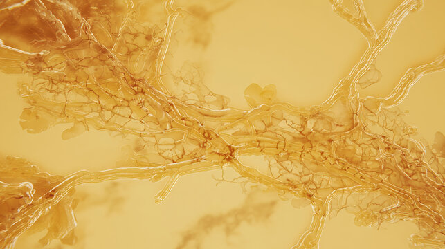 Capillary bed network with branching microvessels in warm amber gold tones on ivory background