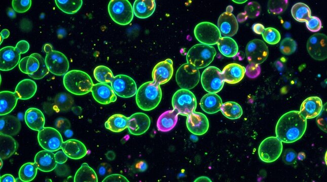Fluorescence microscopy image of budding yeast cells showing cell walls and nuclei