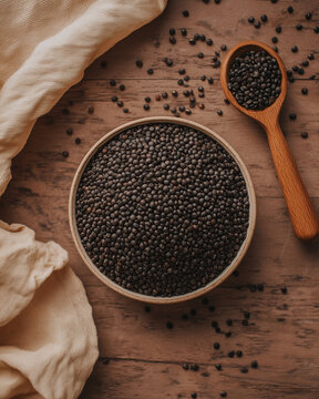 Black urad lentils wellness flatlay in warm amber gold tones on warm wood board with copy space