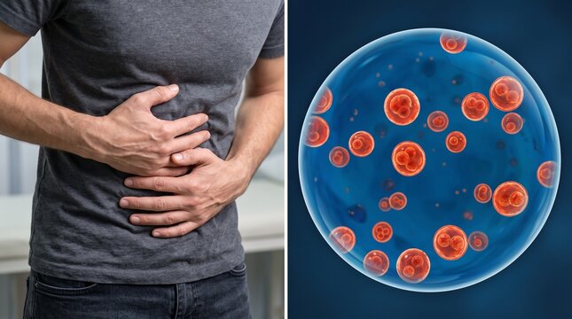 Person with stomach pain and illustration of intestinal parasites