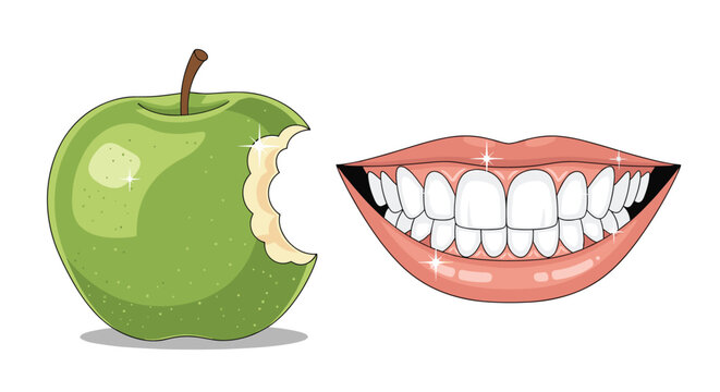 Comparison between a bitten green apple and a healthy smile with bright white teeth highlights dental health.