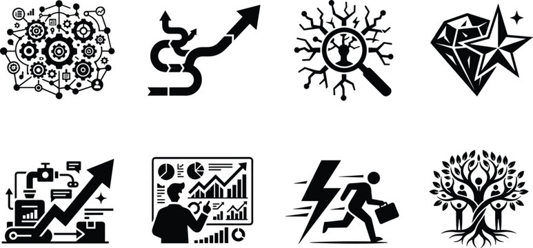 Business optimization and strategic transformation icon set with market analytics growth and corporate core value symbols