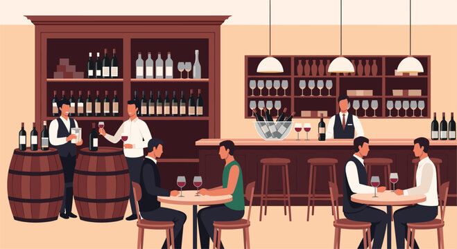 Elegant wine bar interior shows patrons tasting drinks at tables while staff manage barrels and a full counter.
