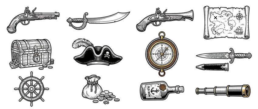 Vintage Pirate Adventure Icons Set