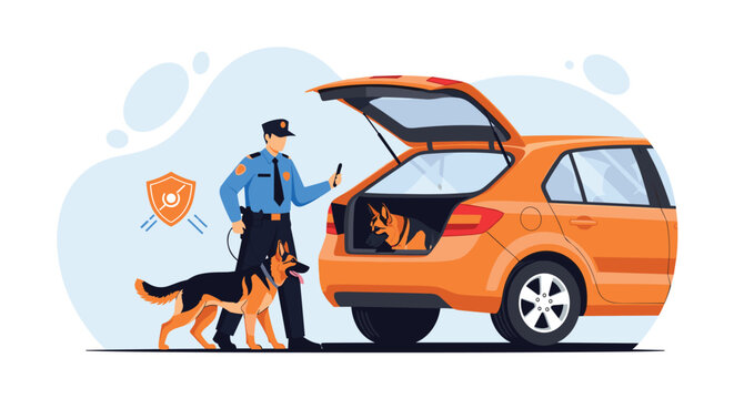 Professional police officer with two trained sniffer dogs inspecting the trunk of an orange car for security and safety at a checkpoint or border.