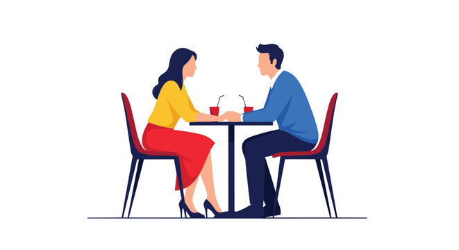 Romantic couple sitting at a small round table having a drink together during a dinner date in a restaurant with a clean white background.
