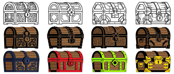 Collection of vintage treasure chests in various styles © nanik