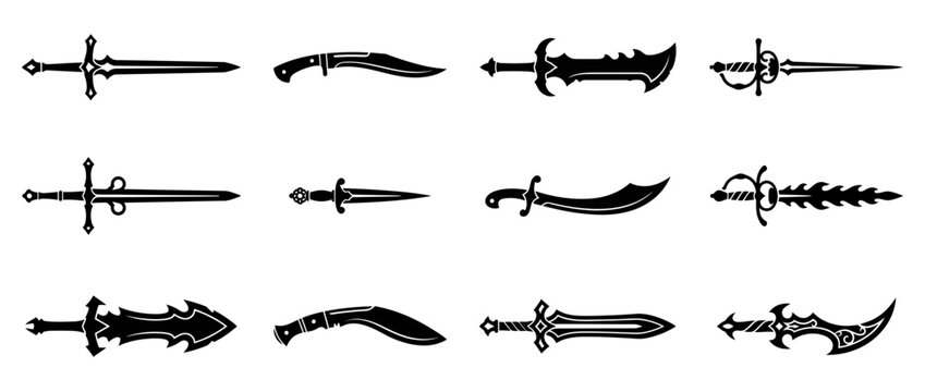 Collection of stylized medieval swords and knives silhouette