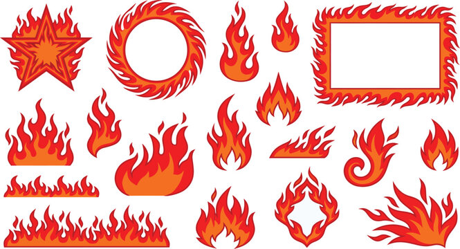 Fire flame vector set isolated on white background with decorative shapes and borders for graphic design and burning effects