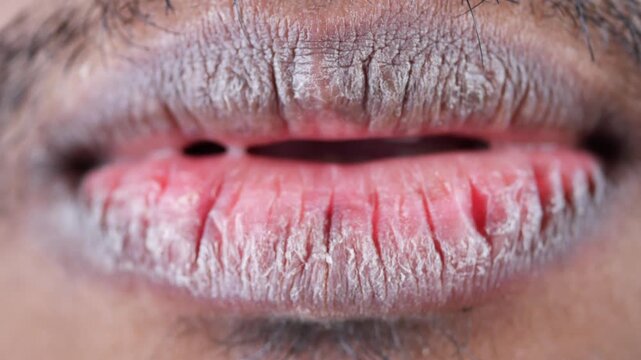 Extreme close up of dry cracked and chapped lips on dark skin face