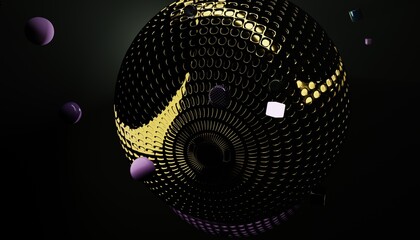 Golden grid sphere orbited by floating purple geometric forms © AleksandrMet