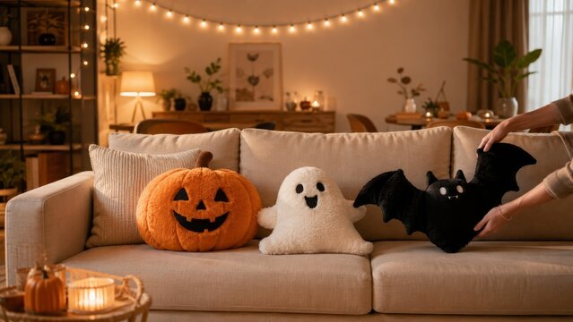 Cozy autumn living room decorated for Halloween with cute plush pumpkin, ghost, and bat cushions on a beige sofa, featuring warm ambient string lights and hands arranging festive holiday decor.