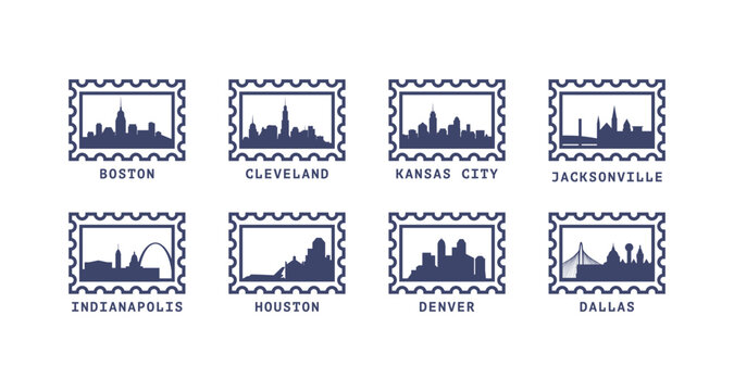 Set of USA cities stamps with iconic skylines. Silhouettes of Boston, Cleveland, Kansas, Jacksonville, Indianapolis, Houston, Denver, Dallas. Clip art, icon bundle for travel designs, postcards