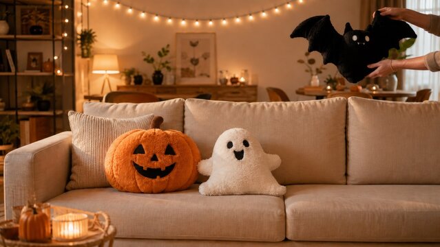 Cozy autumn living room decorated for Halloween with cute plush pumpkin, ghost, and bat cushions on a beige sofa, featuring warm ambient string lights and hands arranging festive holiday decor.
