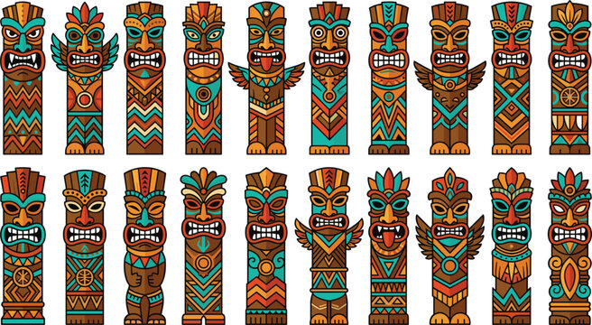 Traditional Hawaiian Tiki Totem Pole Vector Set with Colorful Tribal Masks and Carved Wooden Statues for Tropical Beach Party and Polynesian Culture Designs
