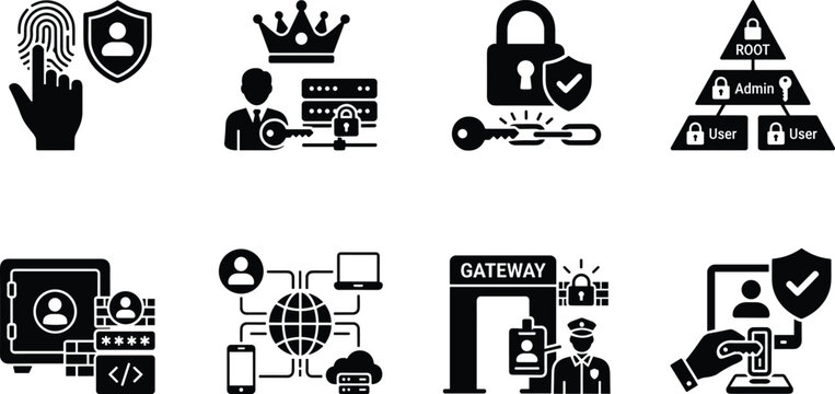 Cybersecurity access control and user identity authentication vector glyph icons set for network privilege management