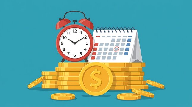 Alarm clock and calendar on gold coin stacks for financial planning