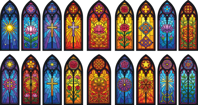 Gothic Stained Glass Church Window Vector Set with Crosses Lotus Flowers and Sun Elements for Cathedral Architecture and Religious Fantasy Game Backgrounds