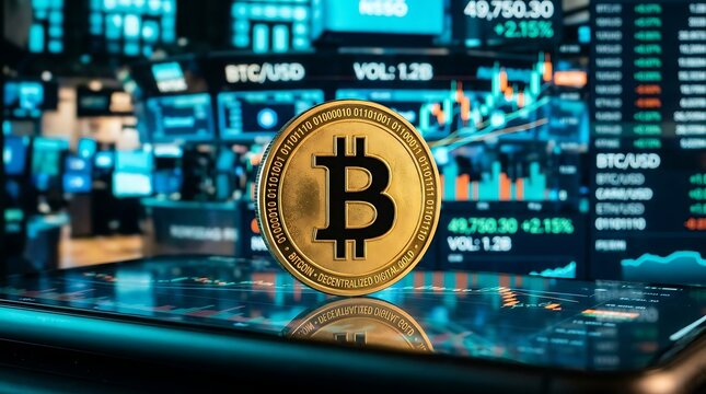 Golden bitcoin balanced on a smartphone with trading data screens